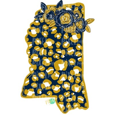 State of Mississippi Shape Navy and Gold Leopard Flowers Sublimation | PNG Design | Heat Transfer | Digital Print | Clip Art
