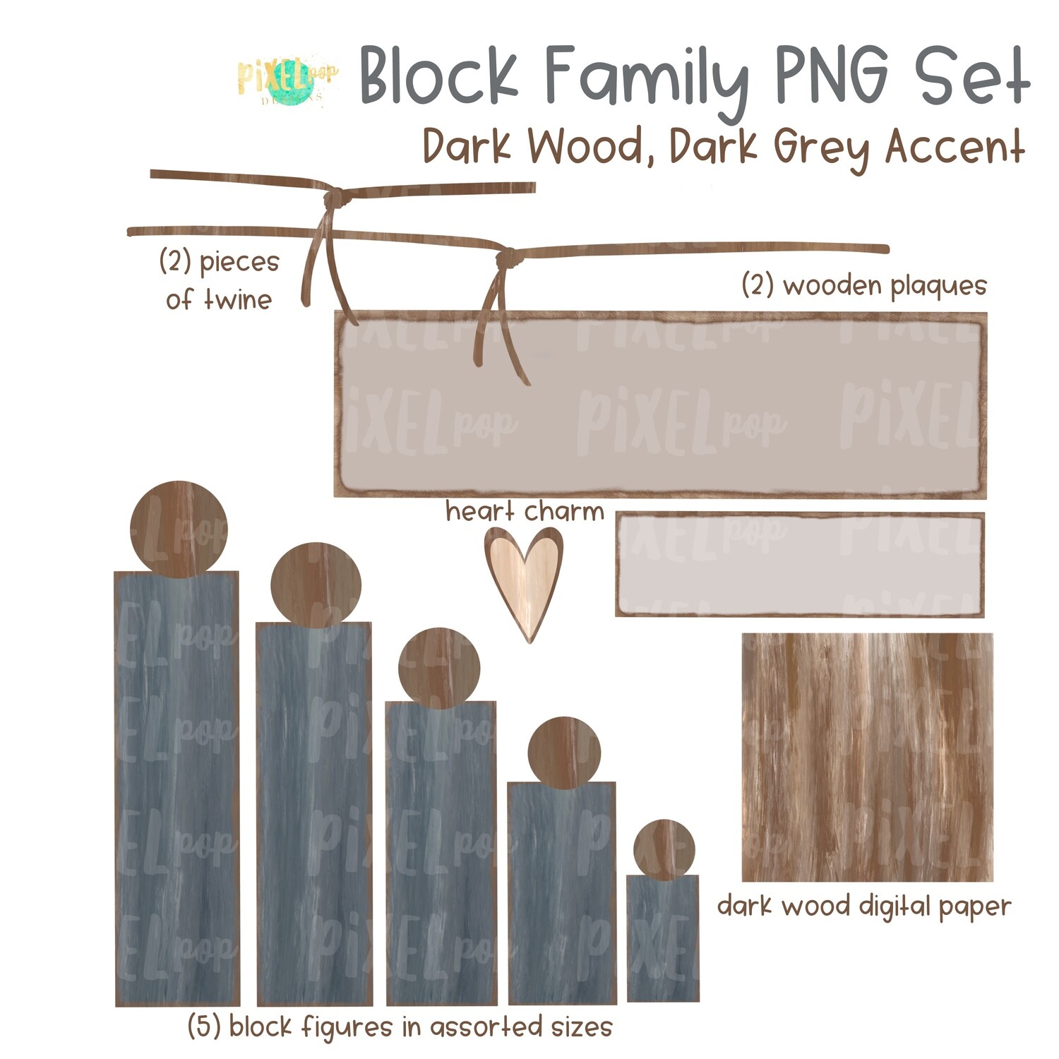 Wooden Block Family PNG Set Dark Wood Dark Grey Accents with Accessories | Family Portrait Art | Wooden Blocks | Family Design