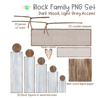 Wooden Block Family PNG Set Dark Wood Light Grey Accents with Accessories | Family Portrait Art | Wooden Blocks | Family Design