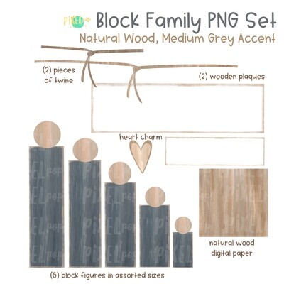 Wooden Block Family PNG Set Natural Wood Dark Grey Accents with Accessories | Family Portrait Art | Wooden Blocks | Family Design