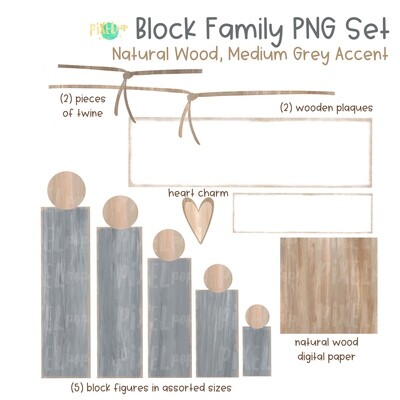 Wooden Block Family PNG Set Natural Wood Medium Grey Accents with Accessories | Family Portrait Art | Wooden Blocks | Family Design