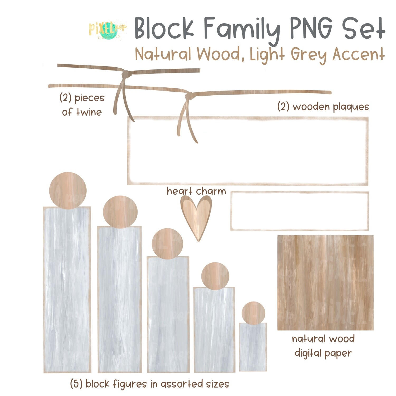 Wooden Block Family PNG Set Natural Wood Light Grey Accents with Accessories | Family Portrait Art | Wooden Blocks | Family Design