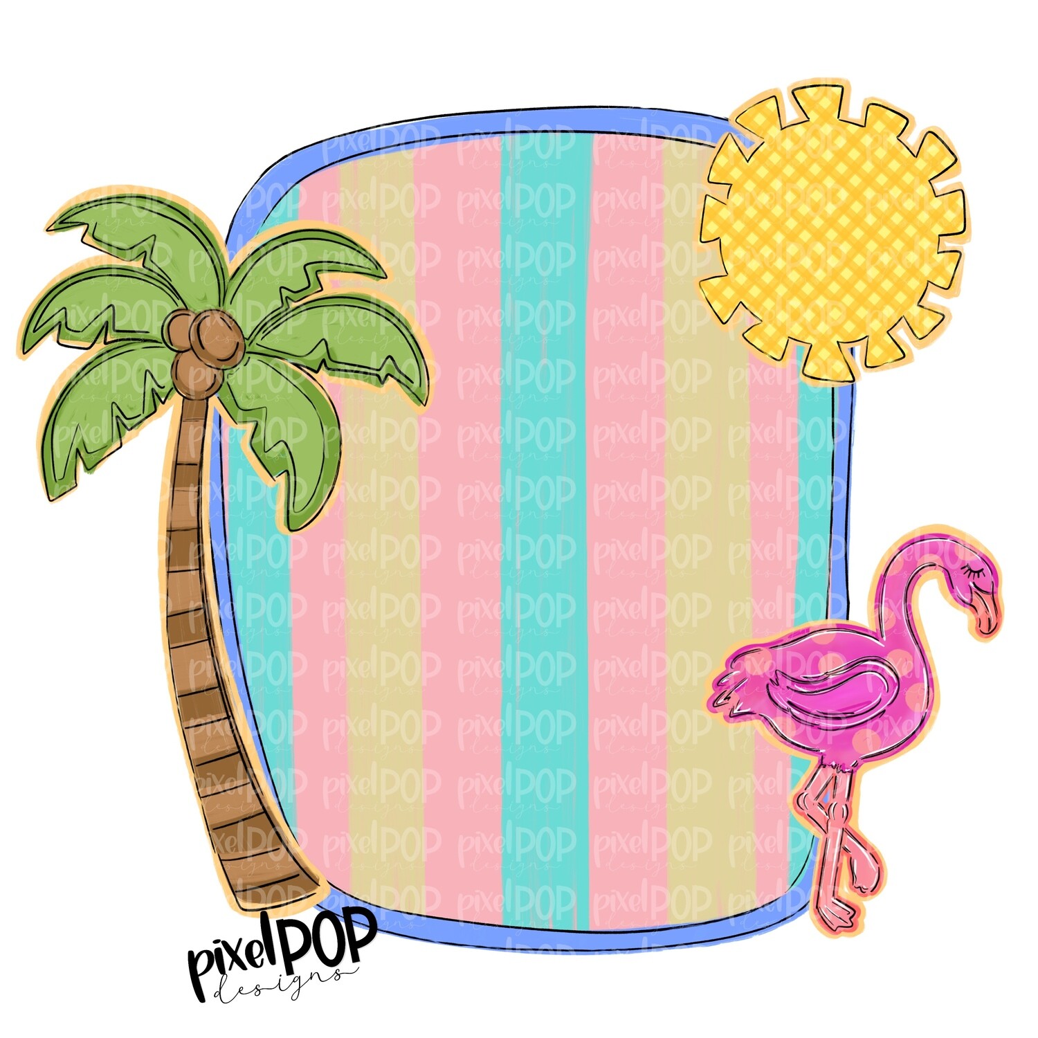 Beach Scene Blank Frame with Palm Sun Flamingo PNG | Sublimation | Hand Drawn PNG | Summer PNG | Digital Download | Printable Art | Clip Art