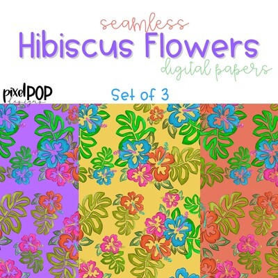 Hibiscus Seamless Digital Paper Set of Three PNG | Hand Painted Hawaiian Flowers | Sublimation PNG | Digital | Digital Scrapbooking Paper