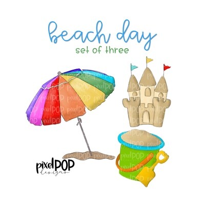 Beach Day Clip Art Set of Three PNG | Beach Umbrella | Sandcastle | Sand Pail | Sublimation PNG | Digital Download | Printable Artwork | Art