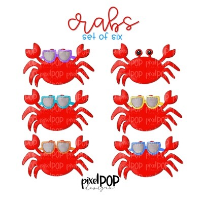 Crab with Sunglasses Set of Six PNG | Crab | Coastal Art | Ocean | Crab | Sublimation Design | Digital Download | Printable Art | Clip Art