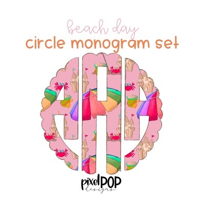 Beach Day Pink Hand Drawn Scalloped Circle Monogram Set | Digital Monogram | Hand Painted | PNG | Sublimation Doodle Art | Transfer Letters