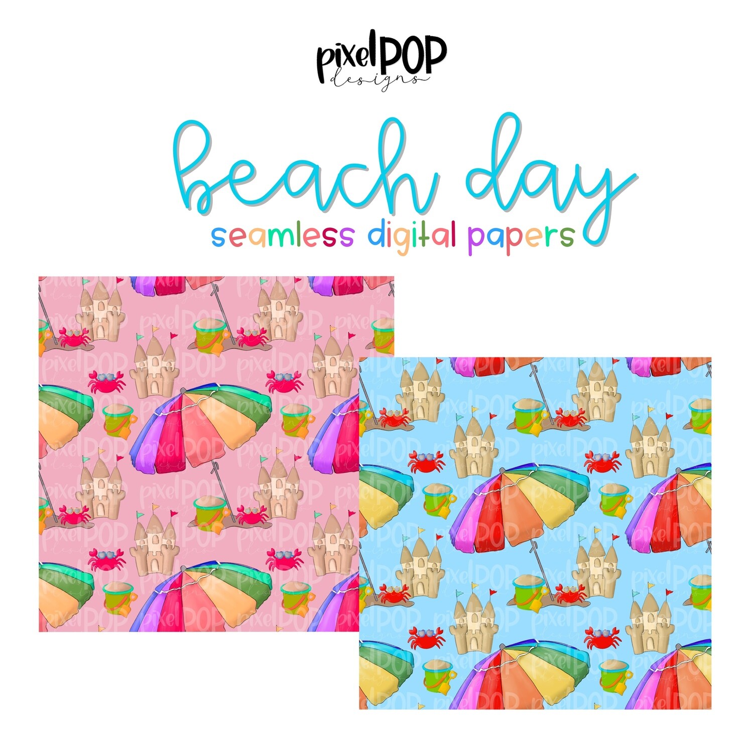 Beach Day Pink & Blue Seamless Digital Paper Set of Two PNG | Beach Crab Sandcastle Art | Hand Painted | Digital Download | Digital Scrapbooking