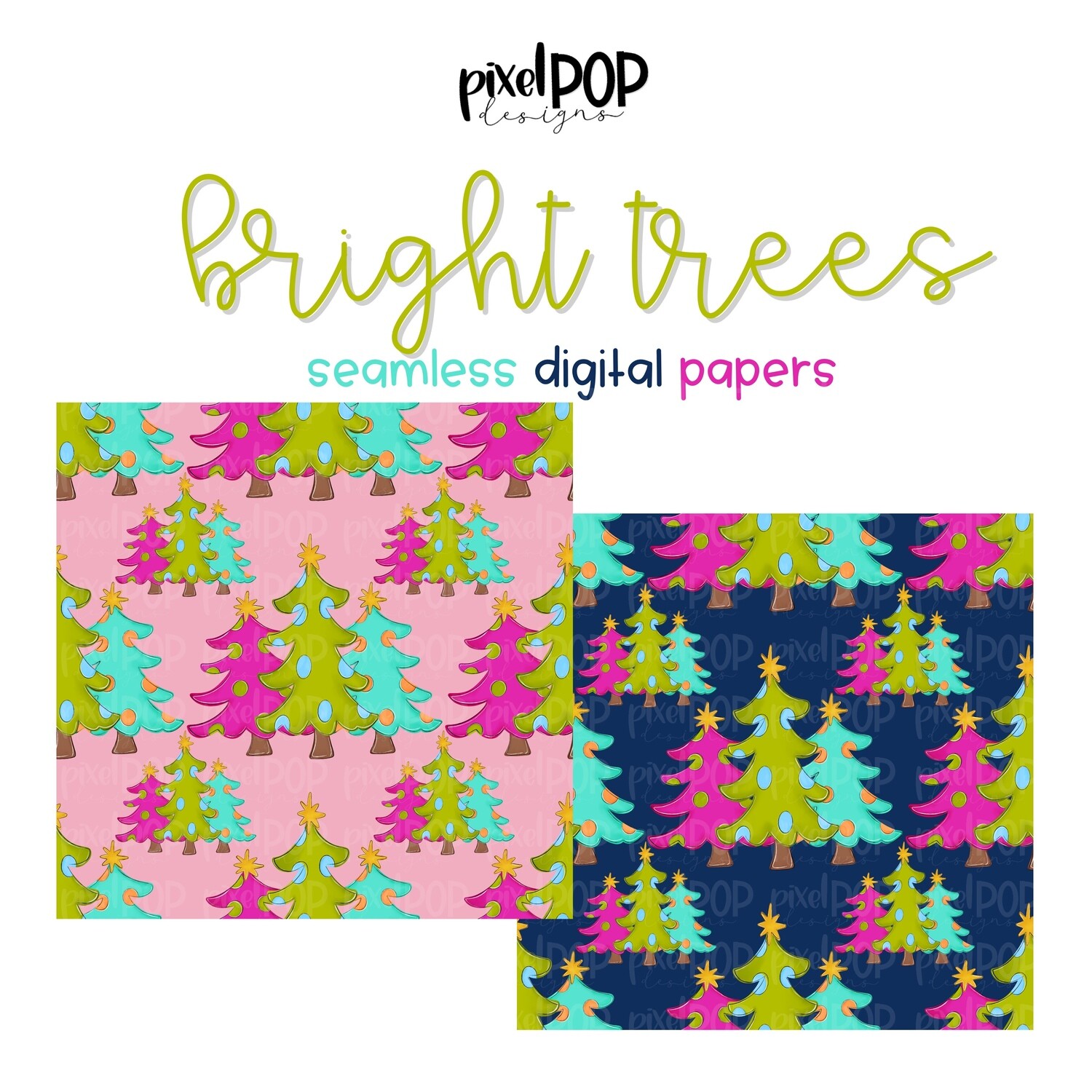Bright Trees Seamless Digital Paper Set of Two PNG | Christmas Art | Hand Painted | Digital Download | Digital Scrapbooking