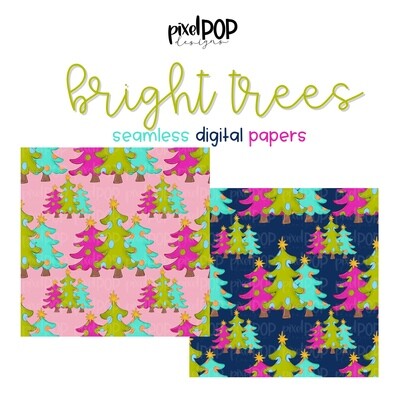 Bright Trees Seamless Digital Paper Set of Two PNG | Christmas Art | Hand Painted | Digital Download | Digital Scrapbooking