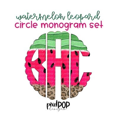 Watermelon Leopard Scalloped Circle Monogram Set | Digital Monogram Font | Hand Painted | PNG | Sublimation Doodle Letter | Transfer Letters