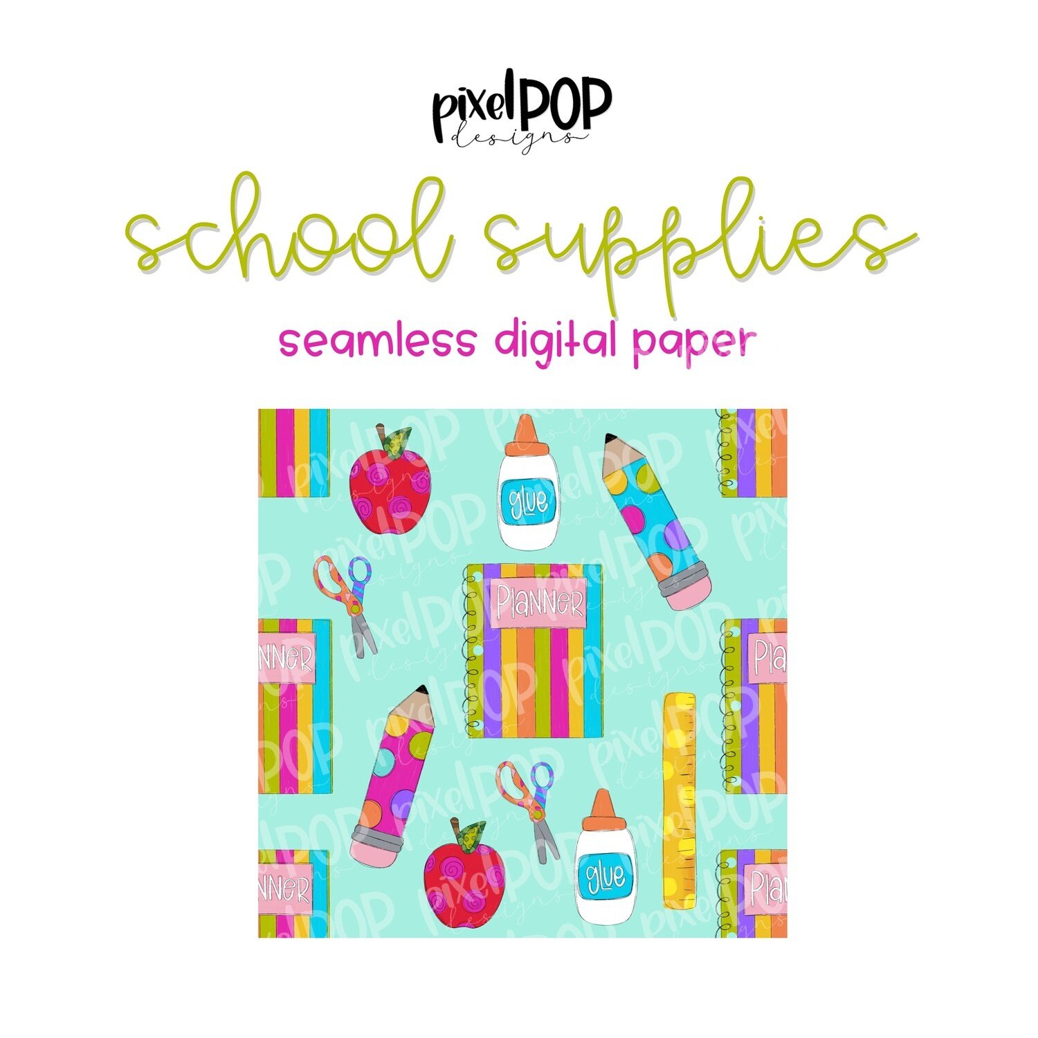 School Supplies Seamless Digital Paper PNG | School Art | Hand Painted | Sublimation PNG | Digital Download | Digital Scrapbooking Paper