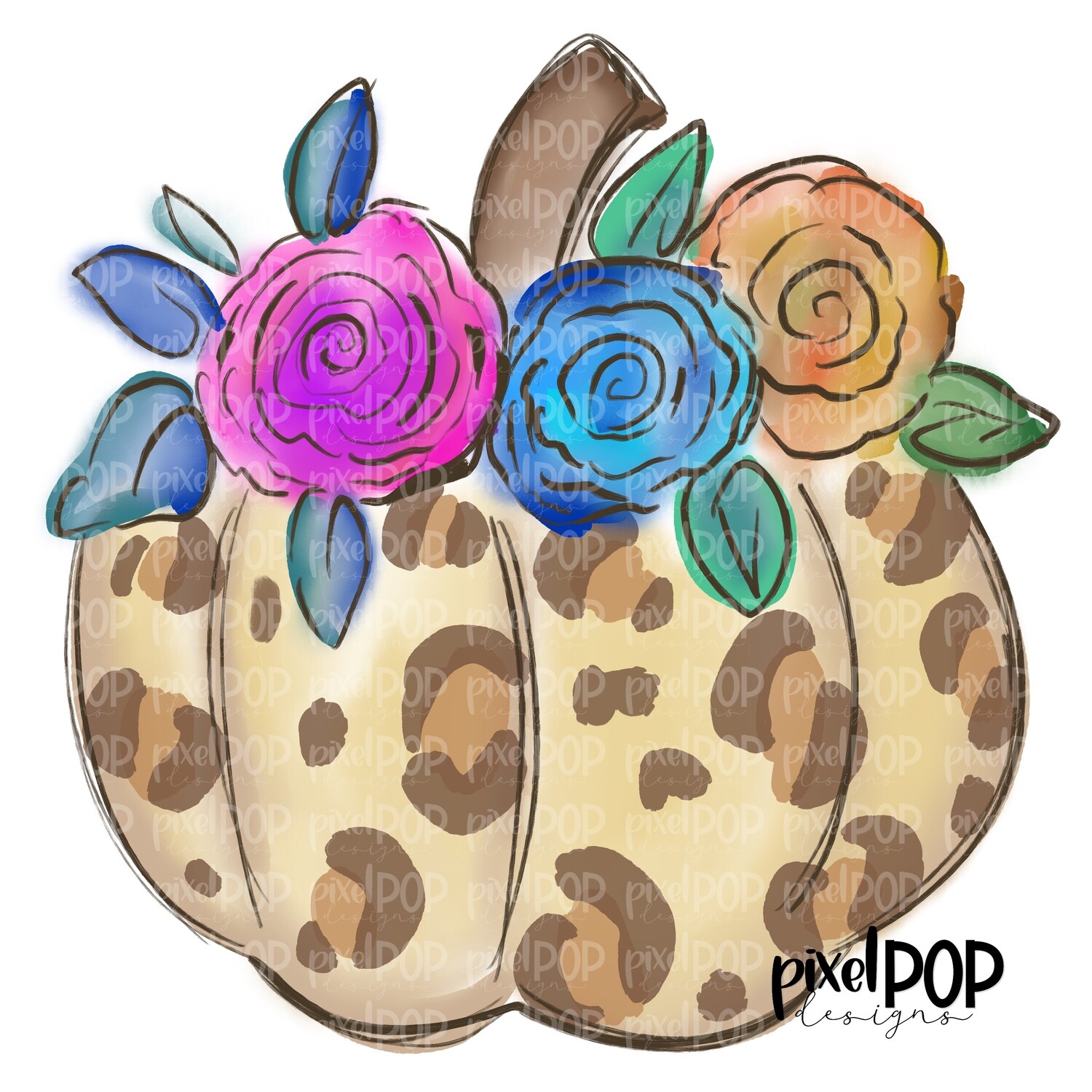 Cream Leopard Print Pumpkin with Flowers PNG | Floral Pumpkin | Hand Drawn Digital Art | Sublimation | Digital Art | Printable Artwork | Art
