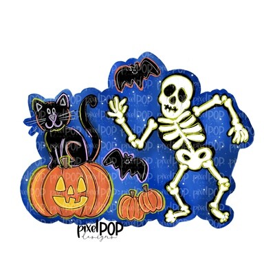Dancing Skeleton and Friends Blue PNG | Halloween Scene | Skull Design | Skull Sublimation Art | Sublimation PNG | Digital Download | Printable