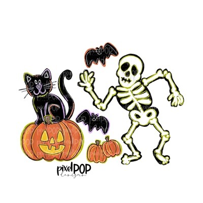 Dancing Skeleton and Friends PNG | Halloween Scene | Skull Design | Skull Sublimation Art | Sublimation PNG | Digital Download | Printable