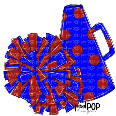 Cheerleading Megaphone and Poms Blue and Red PNG | Cheerleading | Cheer Design | Cheer Art | Cheer Blank | Sports Art