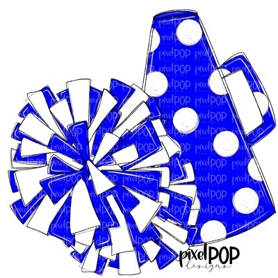 Cheerleading Megaphone and Poms Blue and White PNG | Cheerleading | Cheer Design | Cheer Art | Cheer Blank | Sports Art