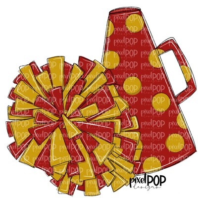 Cheerleading Megaphone and Poms Dark Red and Gold PNG | Cheerleading | Cheer Design | Cheer Art | Cheer Blank | Sports Art