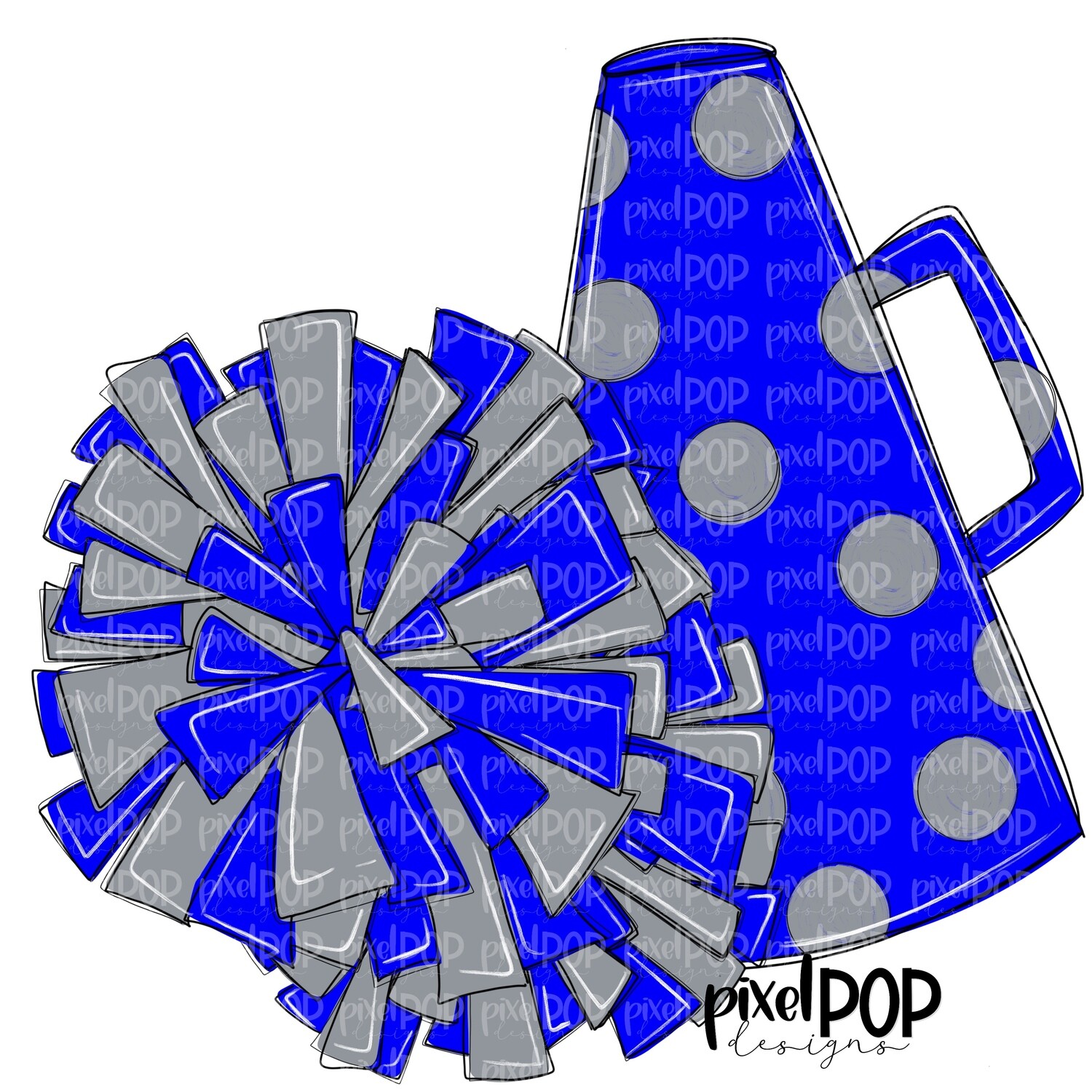 Cheerleading Megaphone and Poms Blue and Grey Silver PNG | Cheerleading | Cheer Design | Cheer Art | Cheer Blank | Sports Art