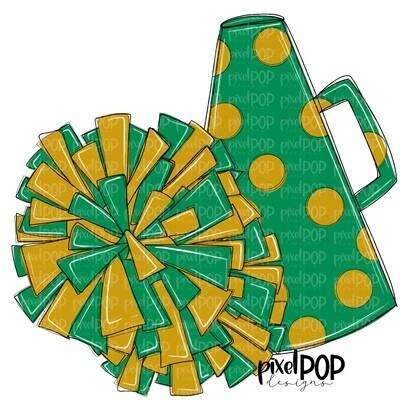 Cheerleading Megaphone and Poms Green and Gold PNG | Cheerleading | Cheer Design | Cheer Art | Cheer Blank | Sports Art
