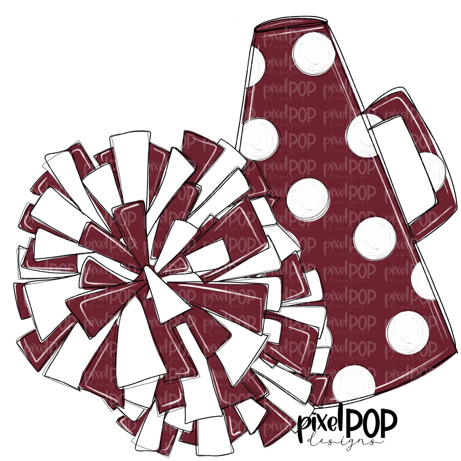 Cheerleading Megaphone and Poms Maroon and White  PNG | Cheerleading | Cheer Design | Cheer Art | Cheer Blank | Sports Art