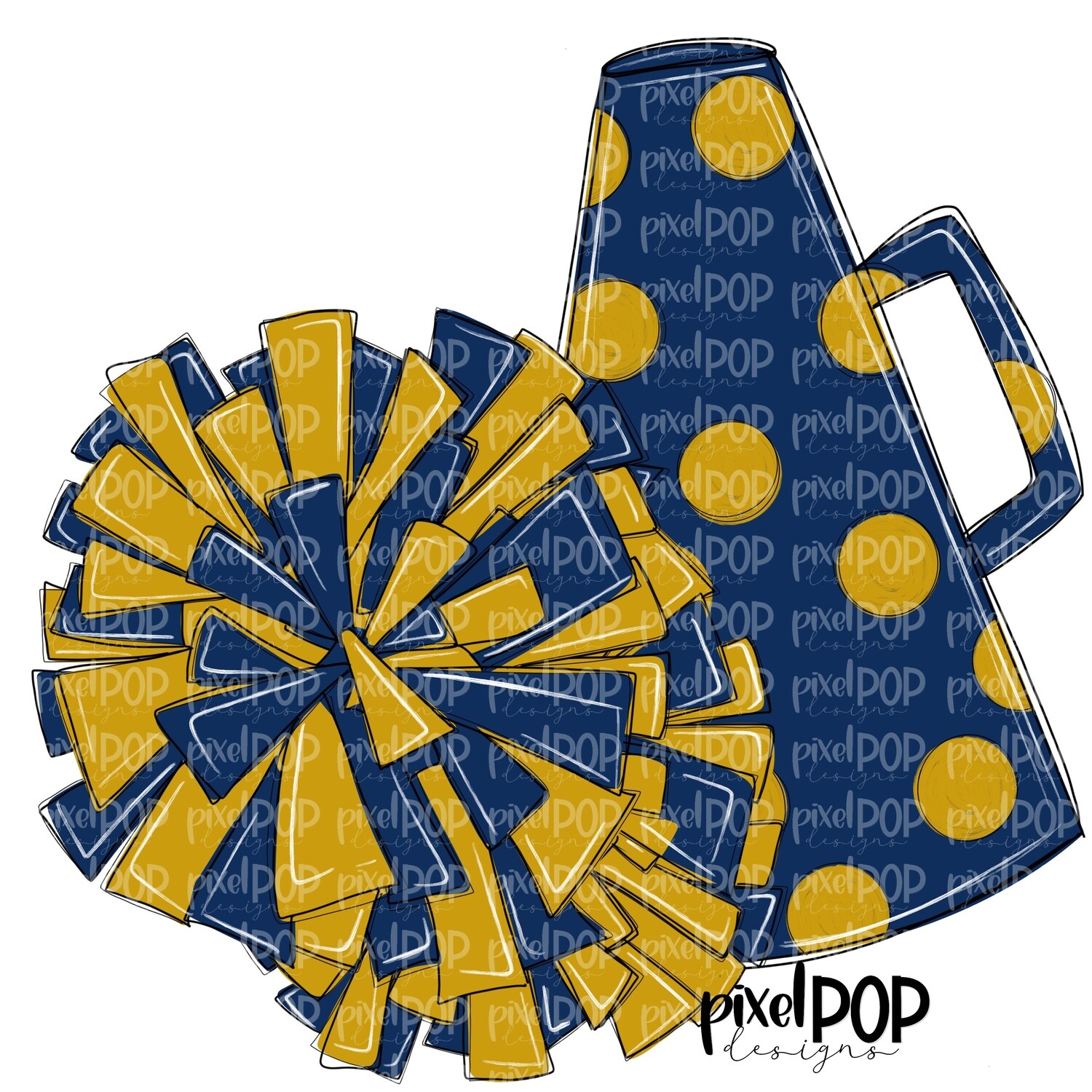Cheerleading Megaphone and Poms Navy and Gold PNG | Cheerleading | Cheer Design | Cheer Art | Cheer Blank | Sports Art