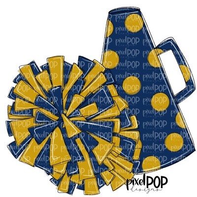 Cheerleading Megaphone and Poms Navy and Gold PNG | Cheerleading | Cheer Design | Cheer Art | Cheer Blank | Sports Art