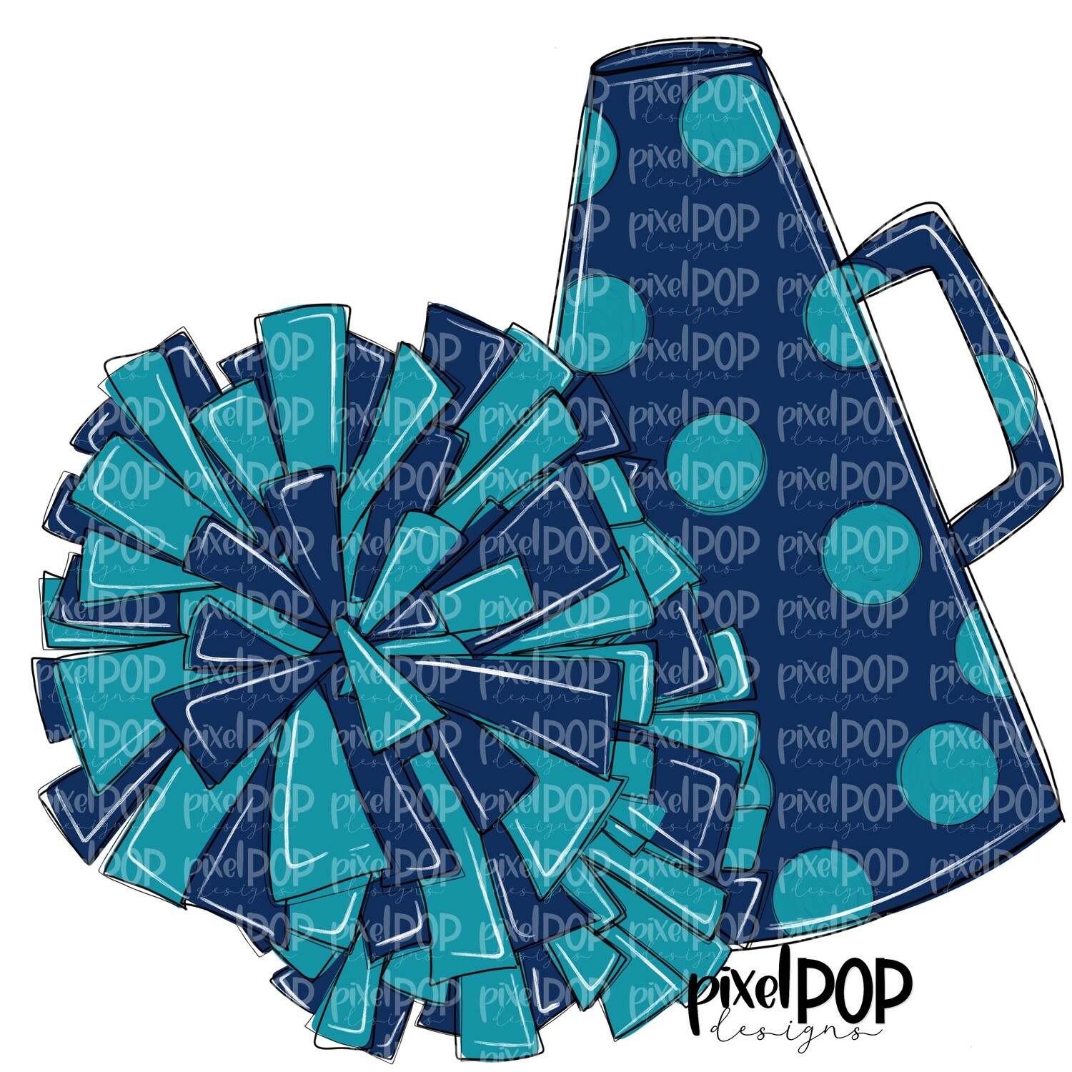 Cheerleading Megaphone and Poms Navy and Teal PNG | Cheerleading | Cheer Design | Cheer Art | Cheer Blank | Sports Art