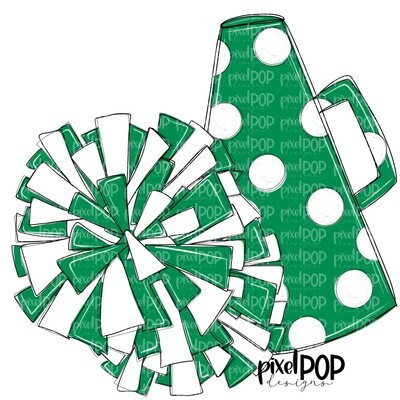 Cheerleading Megaphone and Poms Green and White PNG | Cheerleading | Cheer Design | Cheer Art | Cheer Blank | Sports Art