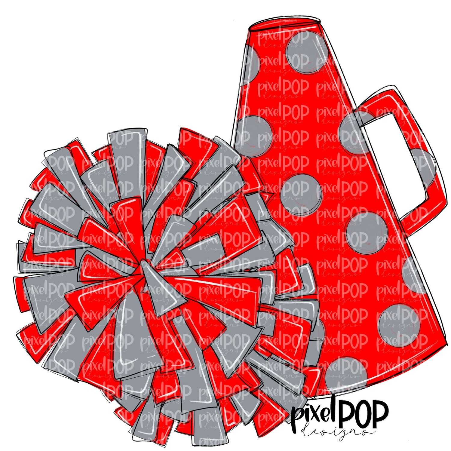 Cheerleading Megaphone and Poms Red and Grey PNG | Cheerleading | Cheer Design | Cheer Art | Cheer Blank | Sports Art