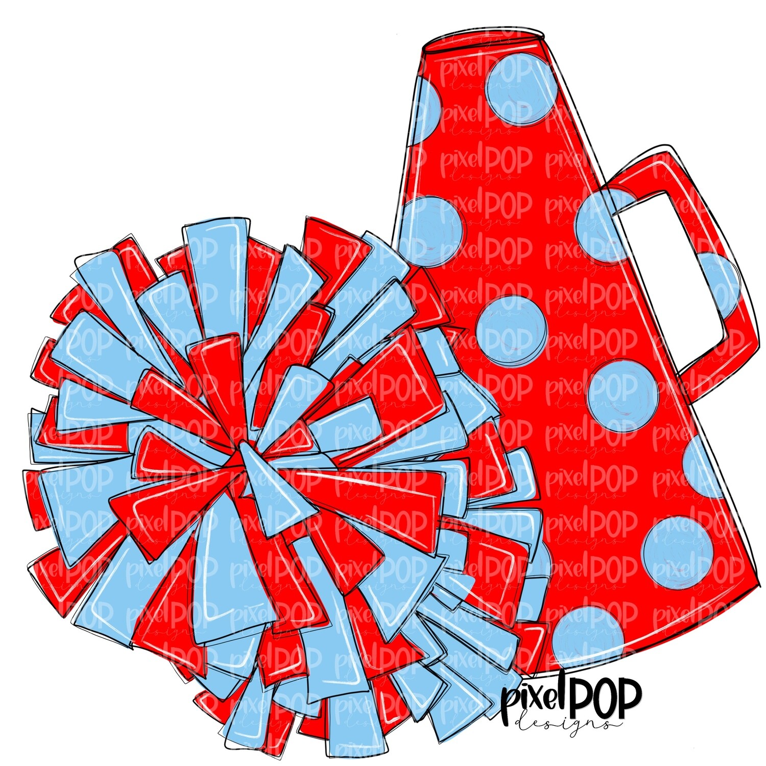 Cheerleading Megaphone and Poms Red and Light Blue PNG | Cheerleading | Cheer Design | Cheer Art | Cheer Blank | Sports Art