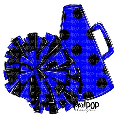 Cheerleading Megaphone and Poms Blue and Black PNG | Cheerleading | Cheer Design | Cheer Art | Cheer Blank | Sports Art