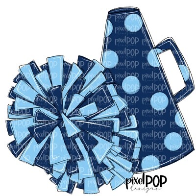 Cheerleading Megaphone and Poms Navy and Light Blue PNG | Cheerleading | Cheer Design | Cheer Art | Cheer Blank | Sports Art
