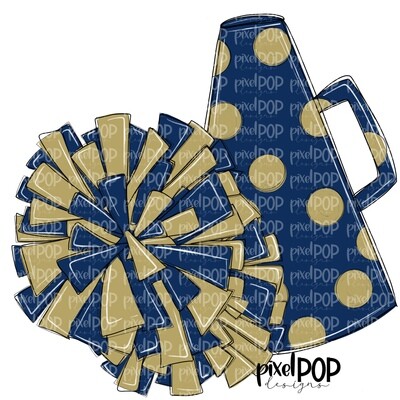 Cheerleading Megaphone and Poms Navy and Vegas Gold PNG | Cheerleading | Cheer Design | Cheer Art | Cheer Blank | Sports Art