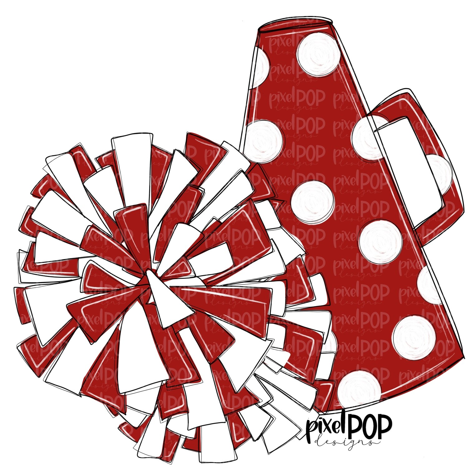 Cheerleading Megaphone and Poms Dark Red and White PNG | Cheerleading | Cheer Design | Cheer Art | Cheer Blank | Sports Art