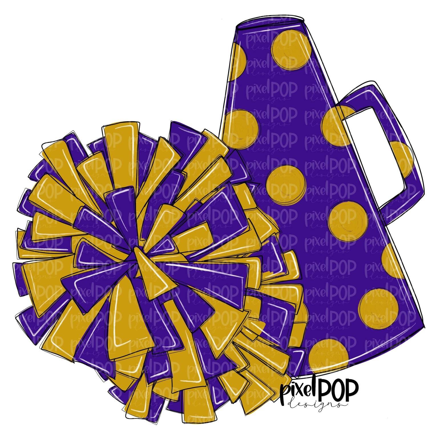 Cheerleading Megaphone and Poms Purple and Gold PNG | Cheerleading | Cheer Design | Cheer Art | Cheer Blank | Sports Art