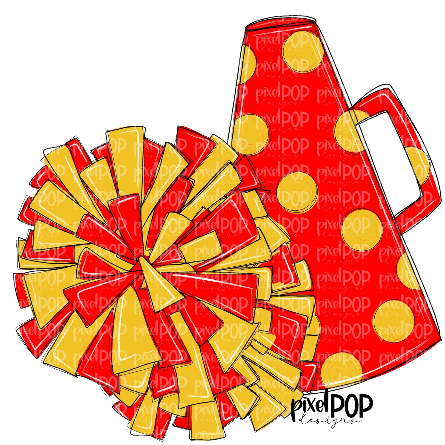 Cheerleading Megaphone and Poms Red and Yellow PNG | Cheerleading | Cheer Design | Cheer Art | Cheer Blank | Sports Art