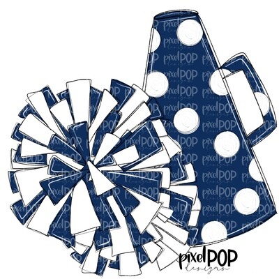 Cheerleading Megaphone and Poms Navy and White PNG | Cheerleading | Cheer Design | Cheer Art | Cheer Blank | Sports Art