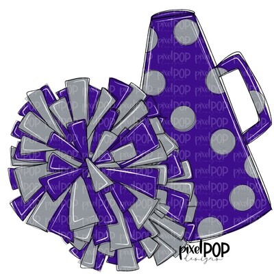 Cheerleading Megaphone and Poms Purple and Grey Silver PNG | Cheerleading | Cheer Design | Cheer Art | Cheer Blank | Sports Art