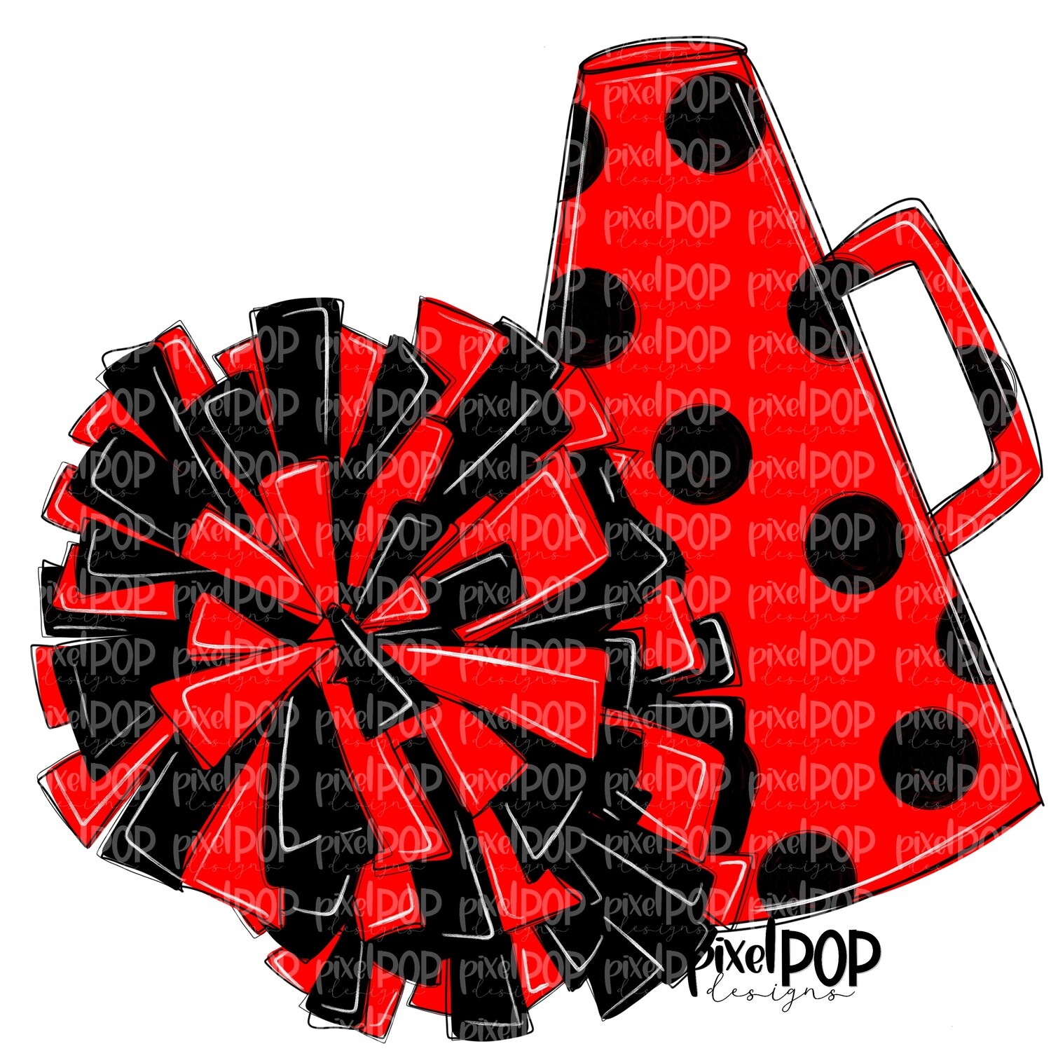 Cheerleading Megaphone and Poms Red and Black PNG | Cheerleading | Cheer Design | Cheer Art | Cheer Blank | Sports Art