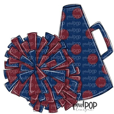 Cheerleading Megaphone and Poms Navy and Maroon Burgundy PNG | Cheerleading | Cheer Design | Cheer Art | Cheer Blank | Sports Art