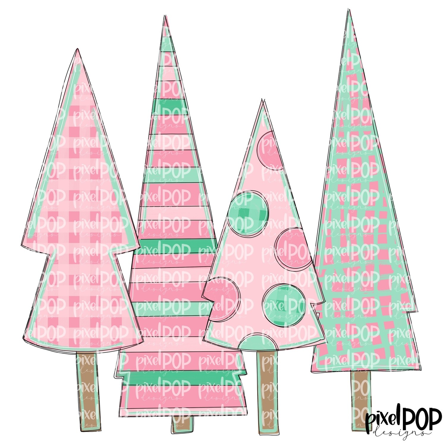 Christmas Trees Quad Light Pink &amp; Green PNG | Christmas Design | Hand Painted Art | Sublimation PNG | Digital Download | Printable Artwork