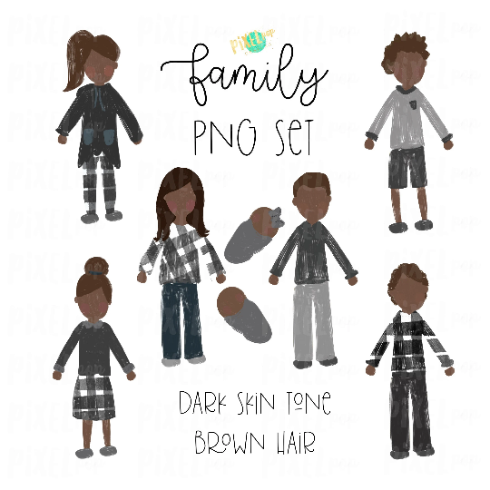 Dark Skin Brown Hair Stick People Figure Family Members PNG Sublimation | Family Ornament | Family Portrait Images | Digital Portrait | Art