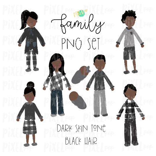 Dark Skin Black Hair Stick People Figure Family Members PNG Sublimation | Family Ornament | Family Portrait Images | Digital Portrait | Art