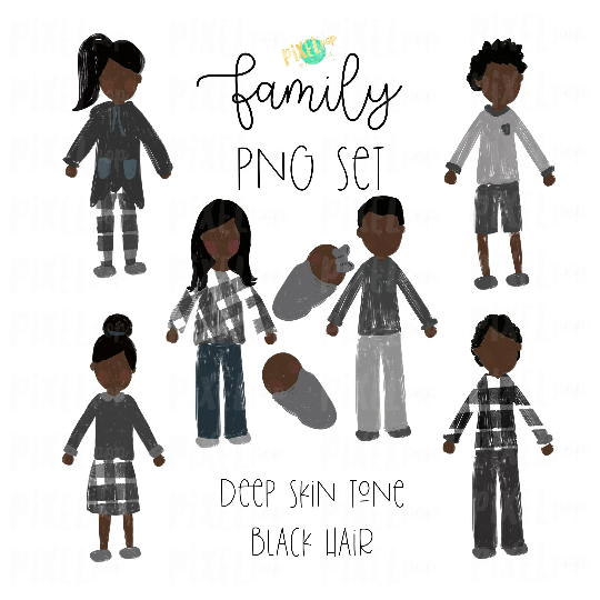 Deep Skin Black Hair Stick People Figure Family Members PNG Sublimation | Family Ornament | Family Digital Portrait Images | Digital Art