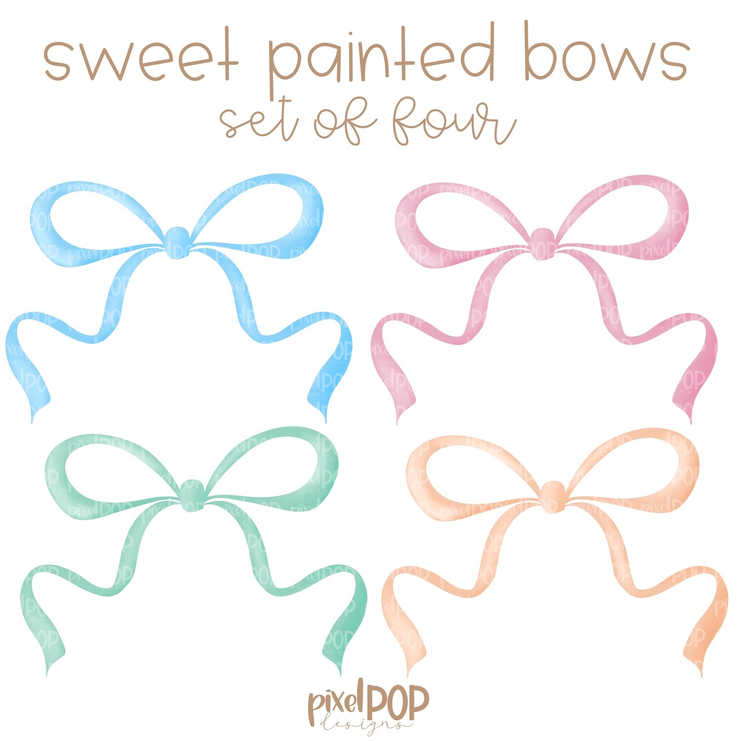 Set of Four Sweet Pastel Bows PNG Set | Bow Art | Bows | Digital Bow Set | Painted Bows | Sublimation | Digital Download | Printable | Art