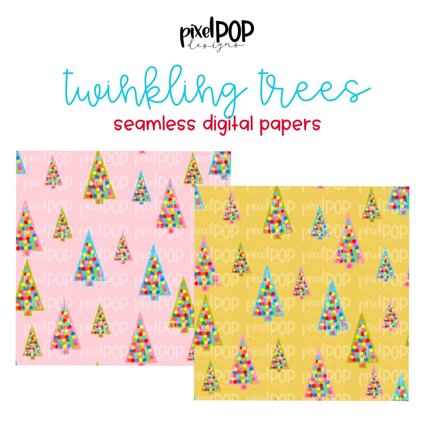 Twinkling Trees Christmas Digital Papers Set of Two PNG | Holiday | Hand Painted | Sublimation | Digital Download | Scrapbooking Paper