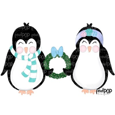 Penguin Couple with Wreath PNG | Penguin Digital | Christmas Digital | Winter | Christmas Art | Snow | Digital Download | Printable Artwork