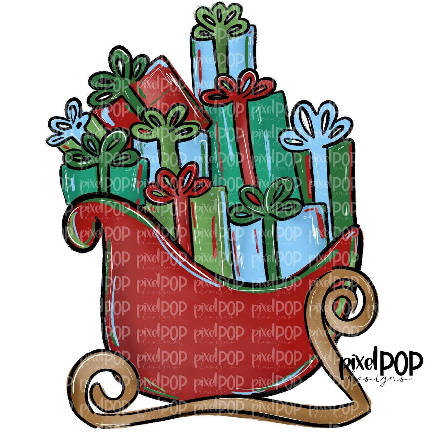 Santa Sleigh with Gifts Christmas Design PNG | Reindeer Sleigh | Sleigh Watercolor Christmas Art | Digital Download | Printable Artwork