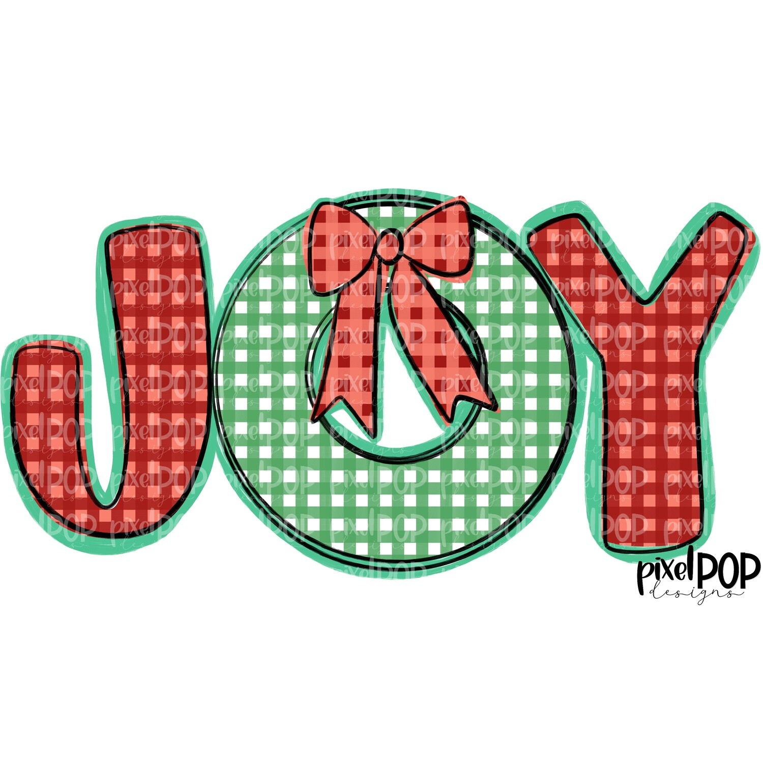 Joy in Gingham with Wreath PNG | Christmas Gingham | Joy Hand Painted Art Design | Sublimation | Digital Download | Printable Artwork | Art